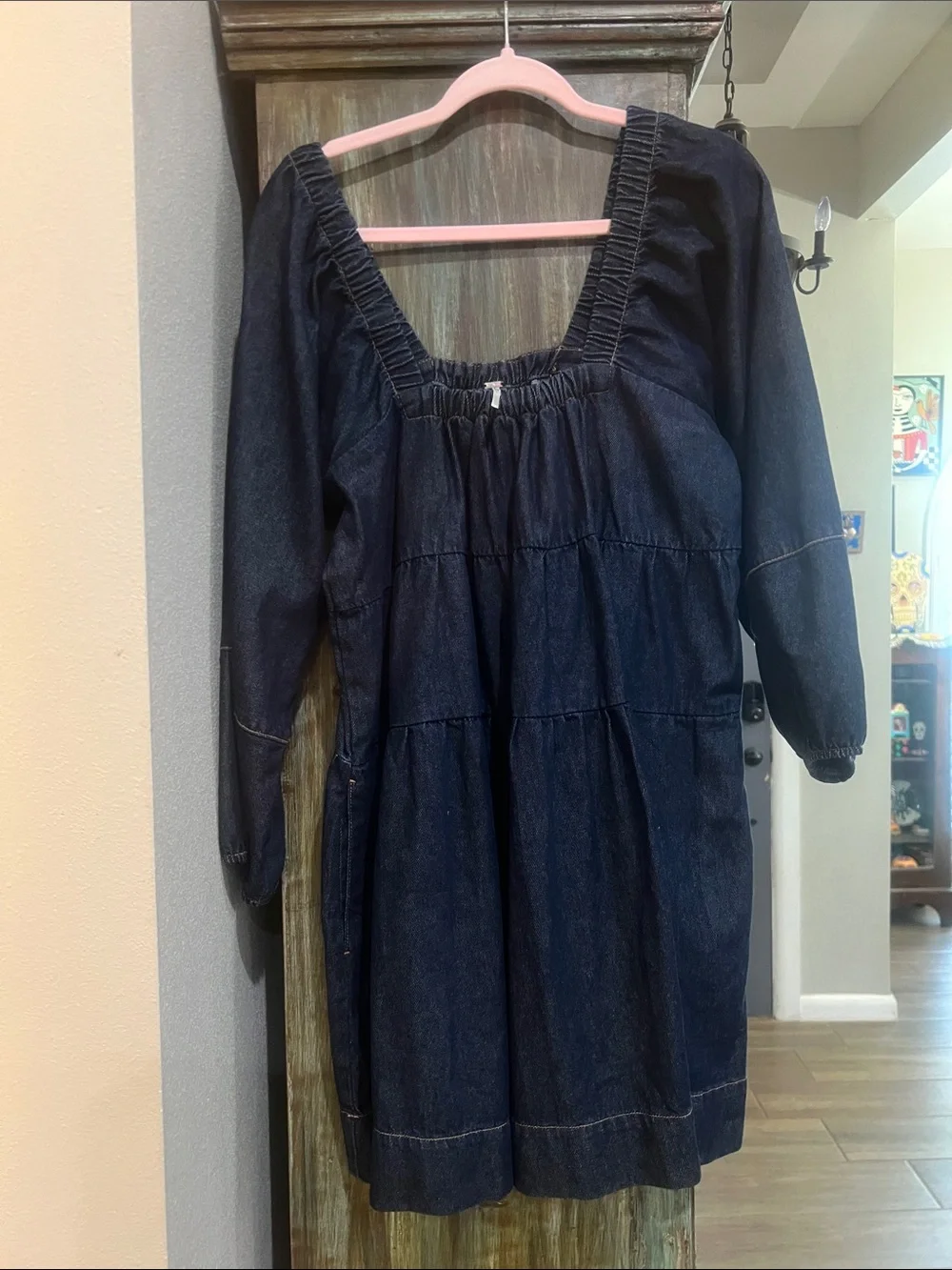 Free People Dark Blue Denim Smocked Square-Neck Mini Dress